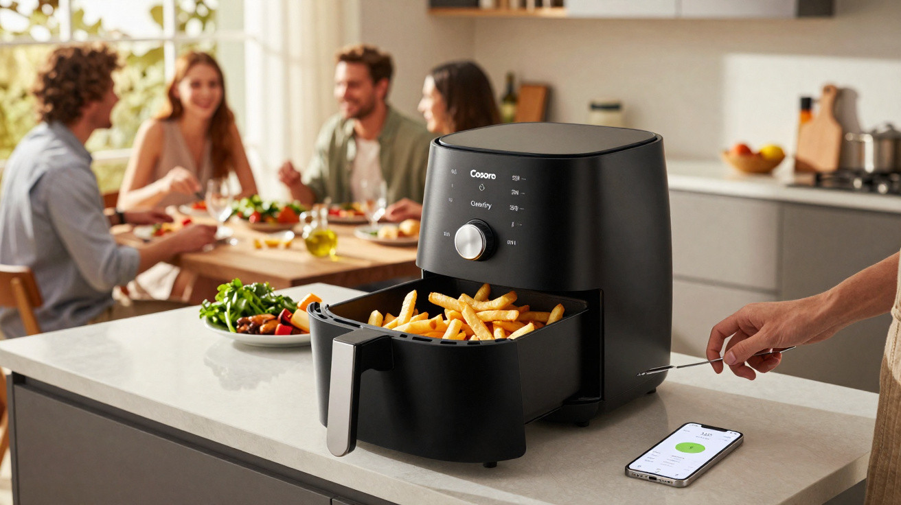 Fritadeira sem óleo preta com batatas fritas na cozinha, pessoas a jantar ao fundo e smartphone na bancada.