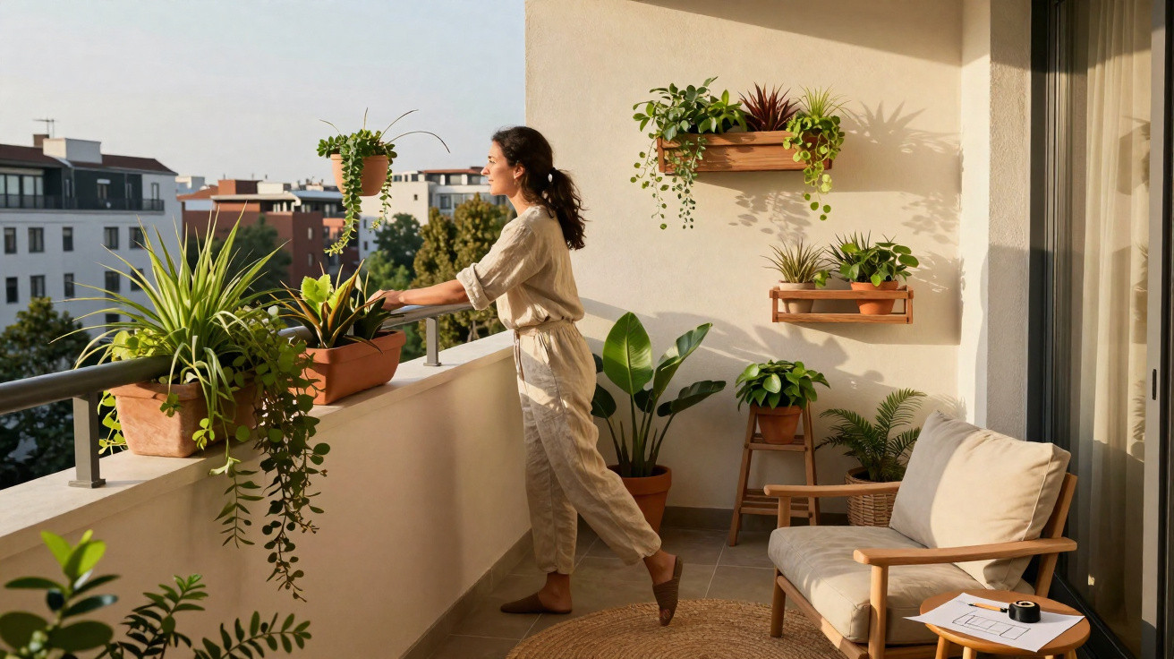 Mulher a cuidar de plantas num terraço com decoração natural e luz do final da tarde.