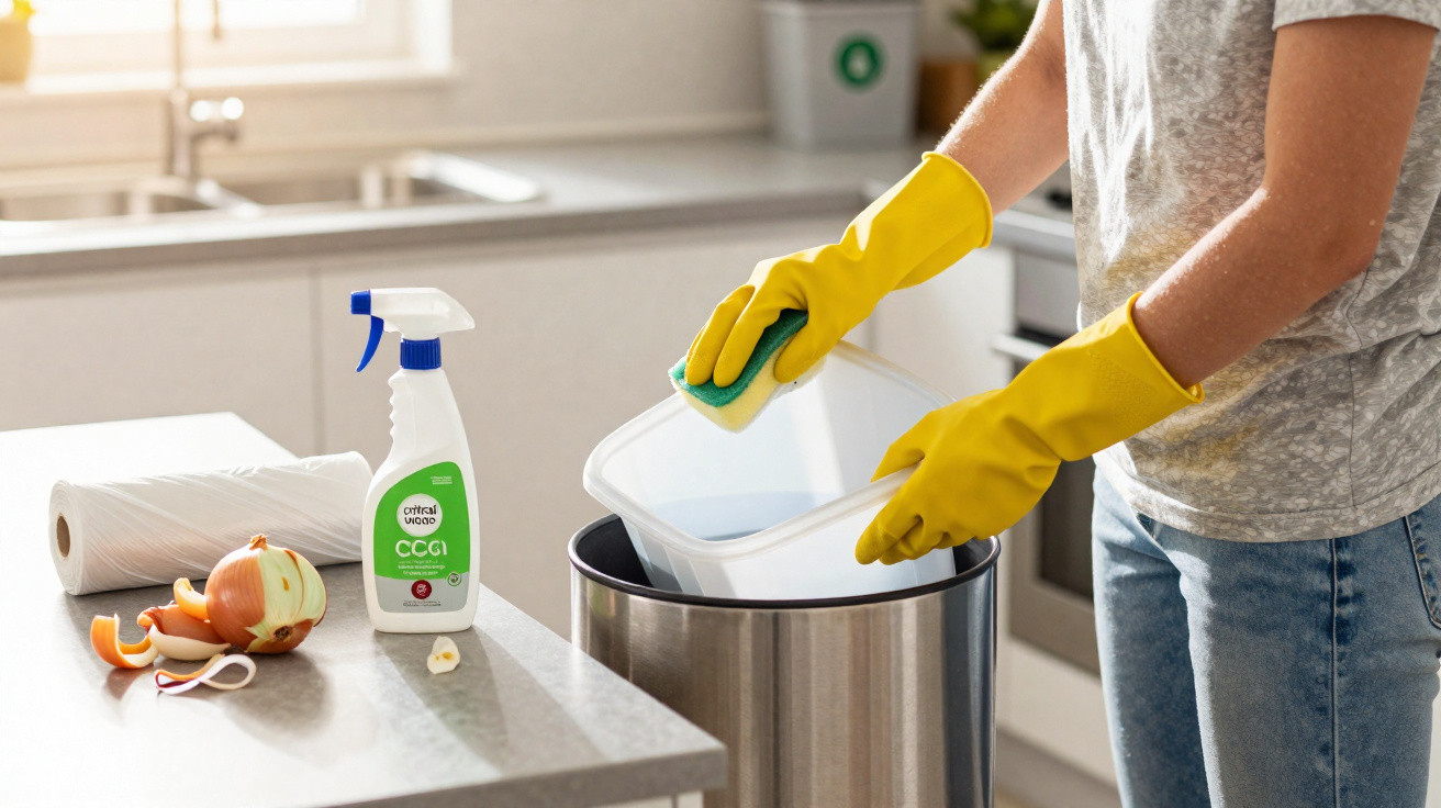 Pessoa com luvas amarelas a lavar recipiente plástico na cozinha, ao lado de restos de cebola e produtos de limpeza.