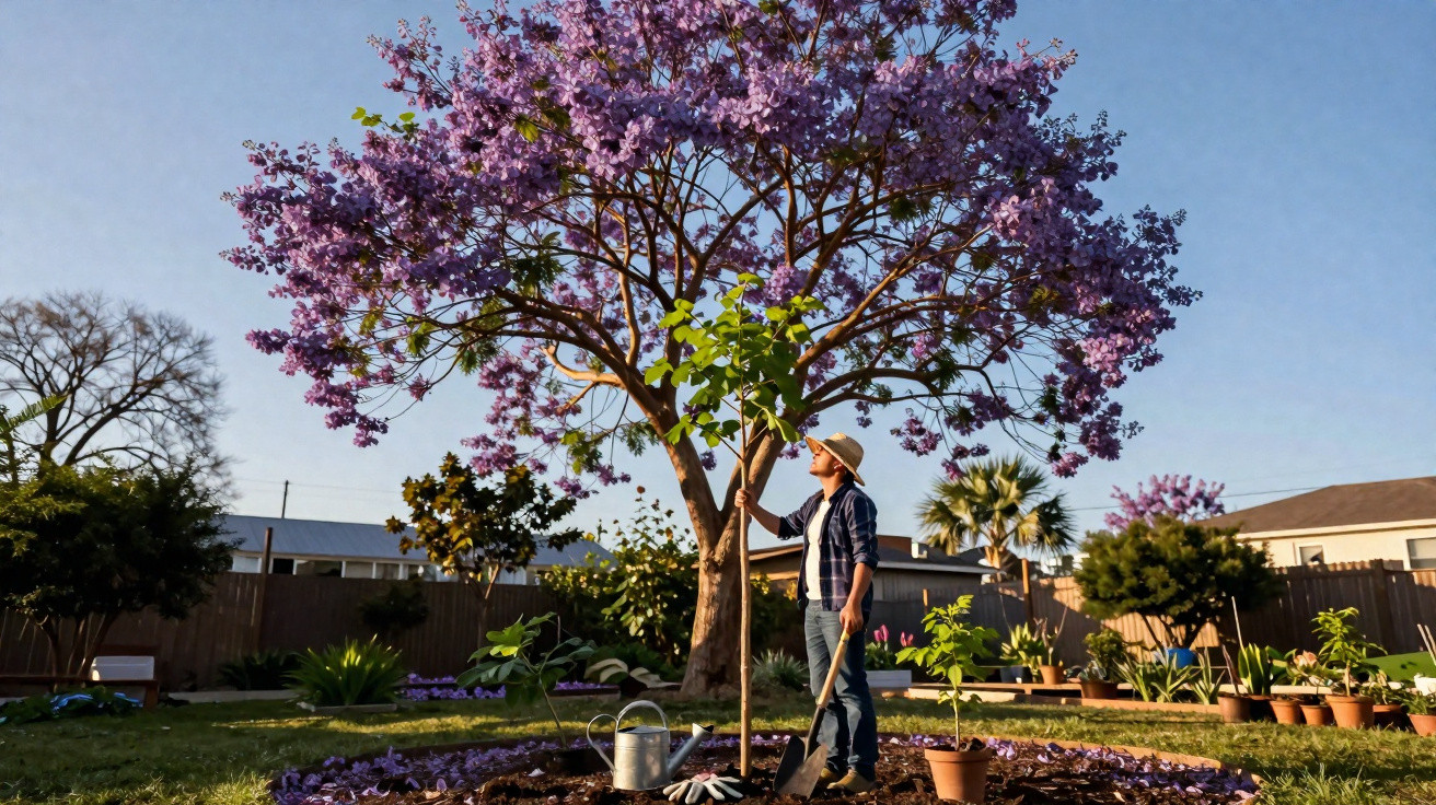 Homem rega e cuida de uma árvore jovem num jardim florido com uma árvore grande de flores roxas ao fundo.