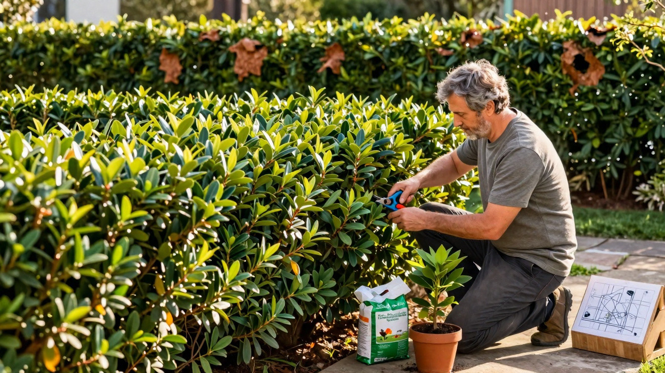 Homem aparando sebe verde num jardim durante o dia, com uma planta em vaso e material de jardinagem junto.