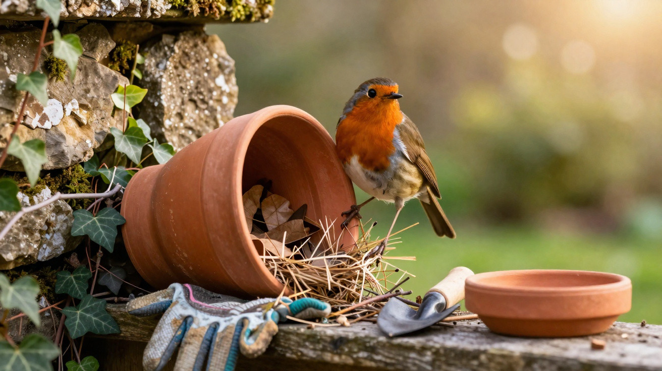 Pássaro com peito alaranjado pousado junto a vaso de barro tombado, luvas e pá de jardim em madeira.