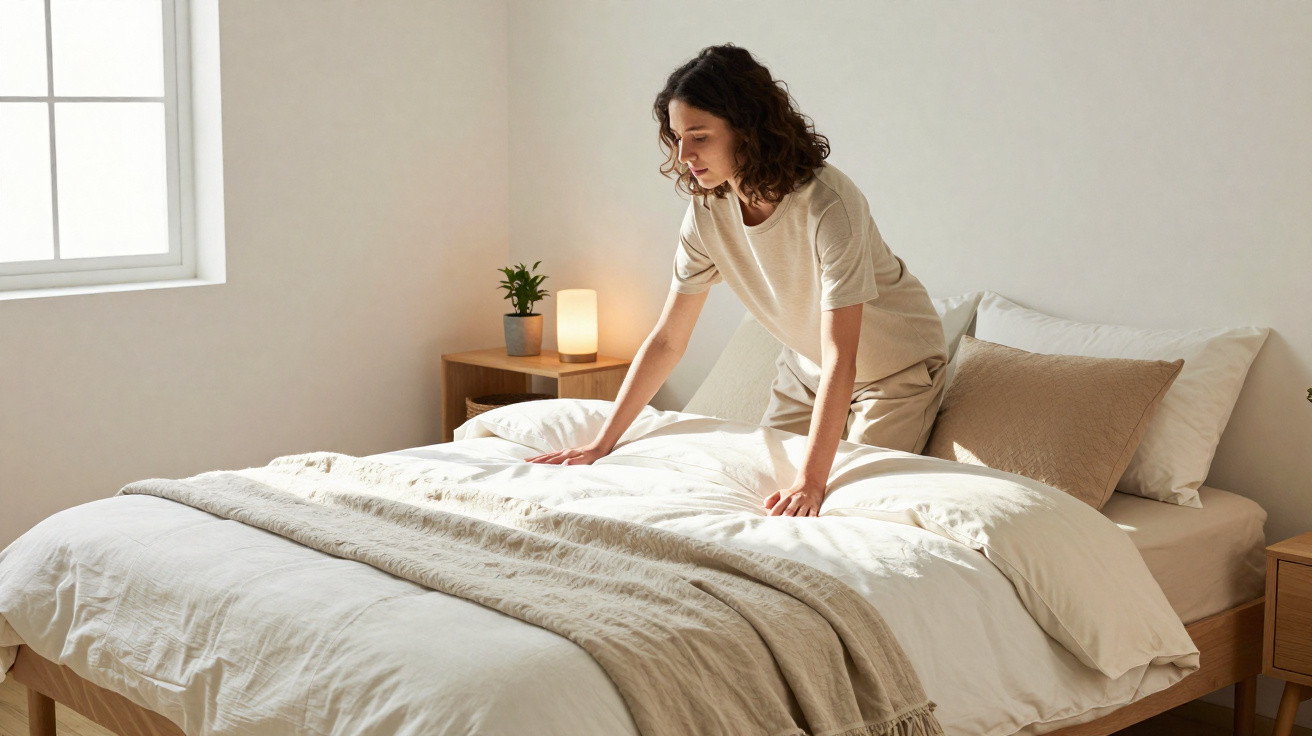 Mulher a arrumar uma cama com roupa de cama clara num quarto iluminado por uma janela.
