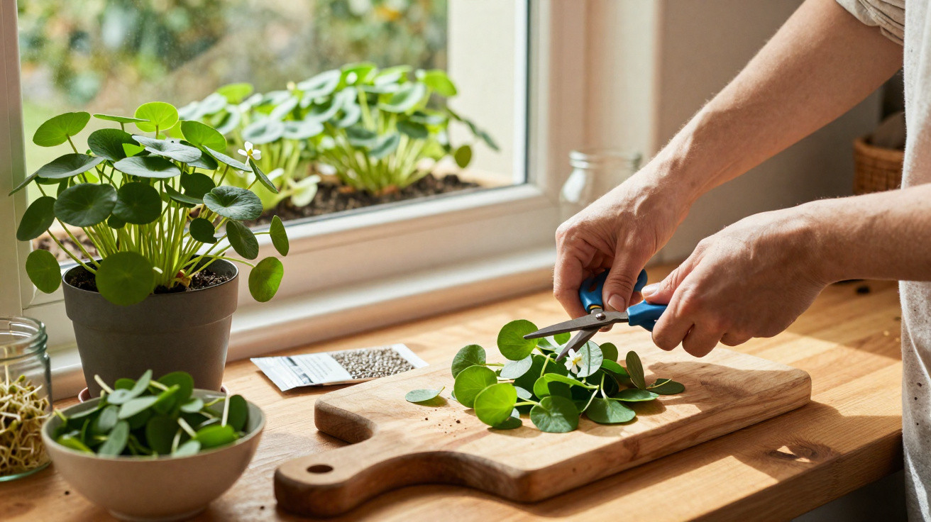 Pessoa a cortar folhas verdes frescas numa tábua de madeira junto a janela com plantas ao fundo.