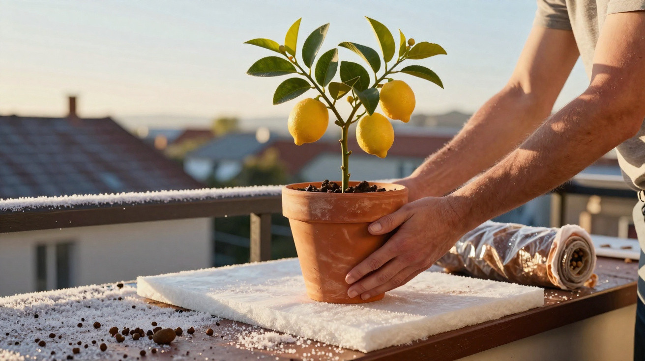 Pessoa a colocar vaso com planta de limão numa varanda durante o pôr do sol.