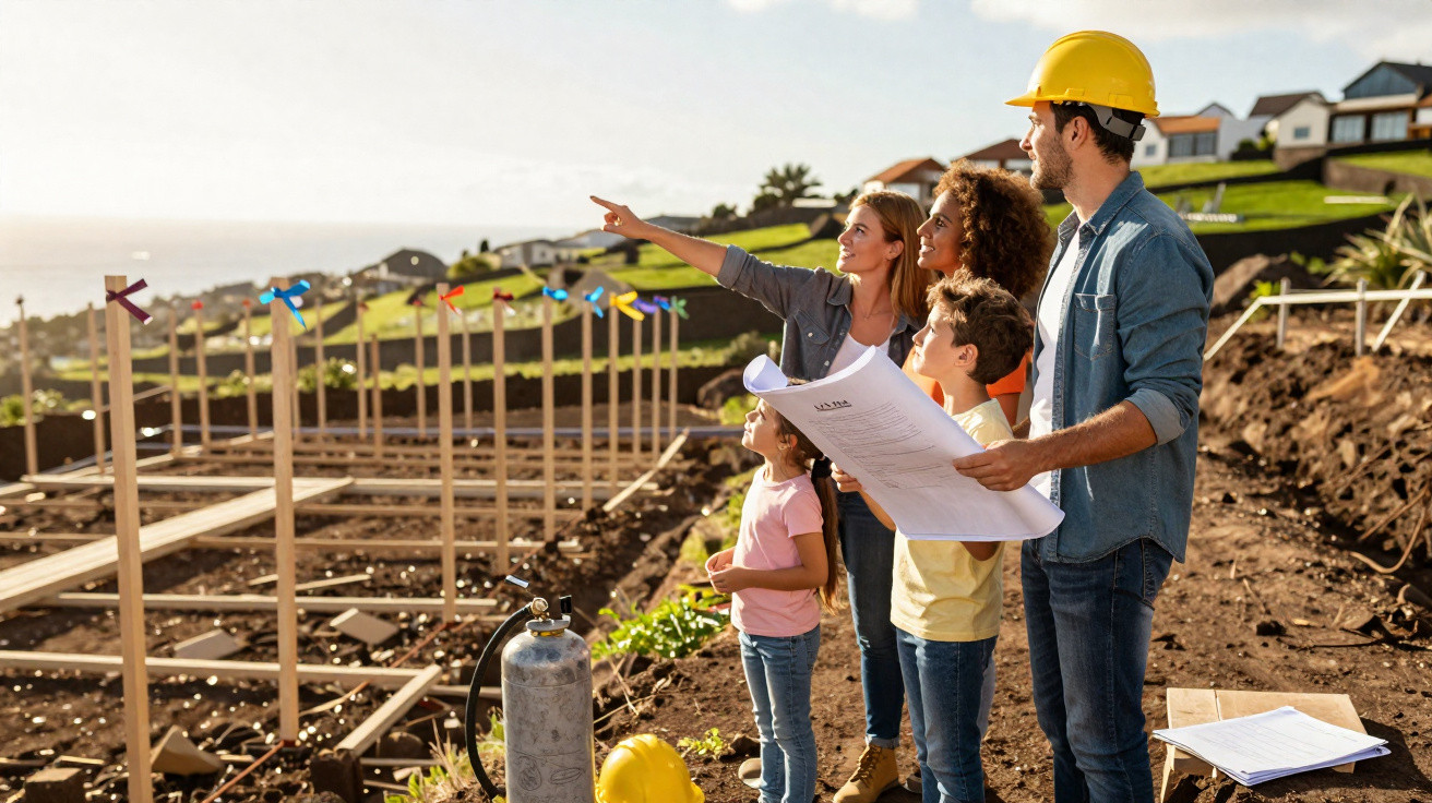 Família a visitar um terreno em construção com um engenheiro a mostrar os planos da casa.