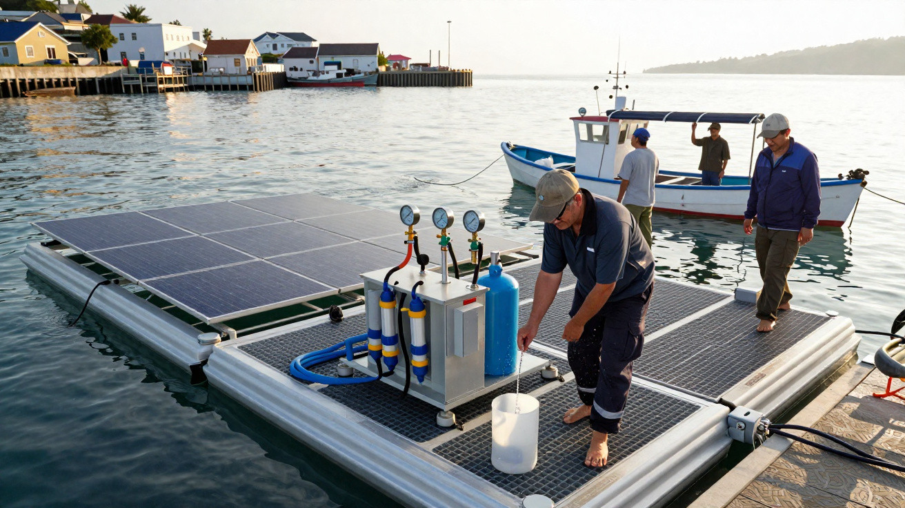 Homem recolhe água potável de equipamento flutuante com painéis solares num porto junto a barcos de pesca.