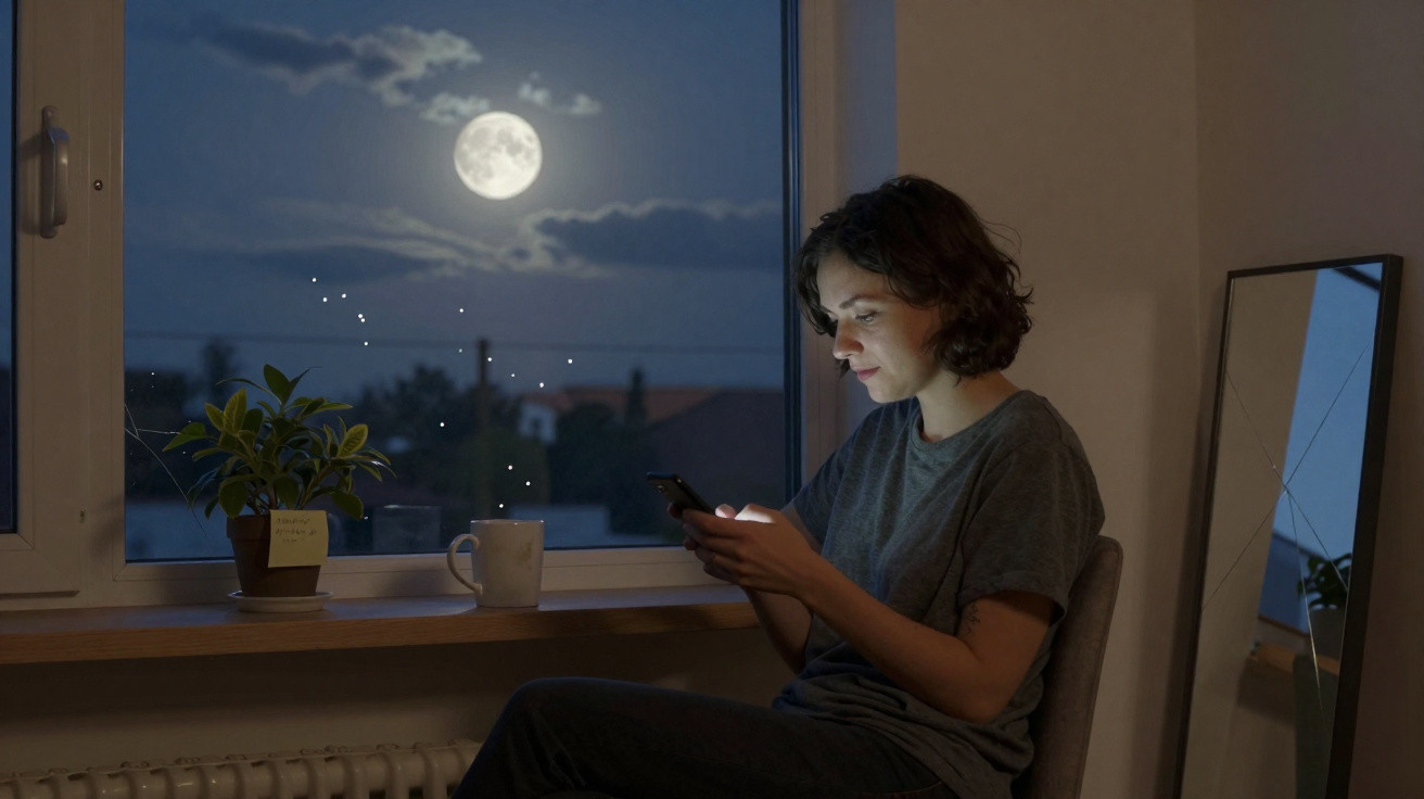 Pessoa sentada junto à janela à noite, iluminada pela luz do telemóvel, com lua cheia visível no céu.