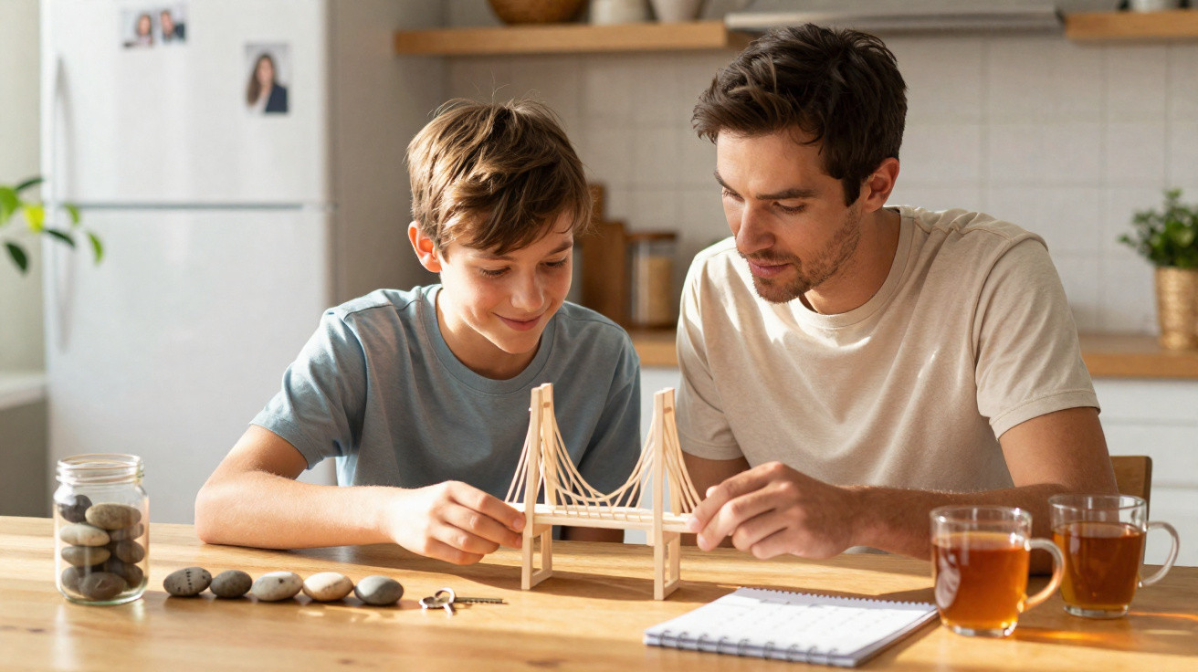 Pai e filho construindo uma maquete de uma ponte numa mesa com chá e pedras.