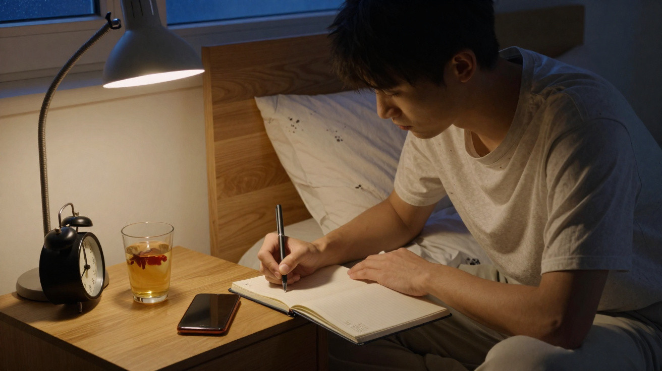 Homem sentado na cama a escrever num caderno iluminado por candeeiro, com relógio, copo e telemóvel na mesa.