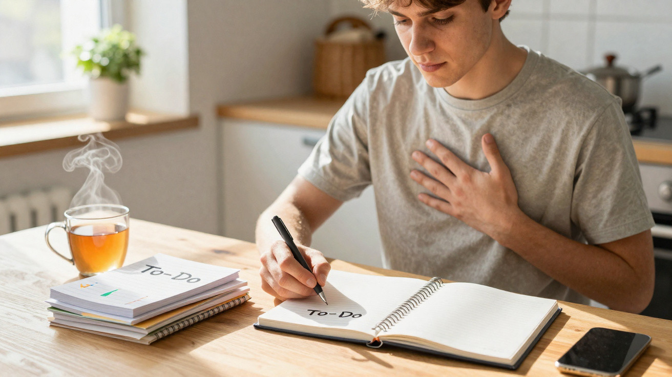 Jovem sentado à mesa a escrever lista de tarefas "To-Do" num caderno, com chá a fumegar ao lado.