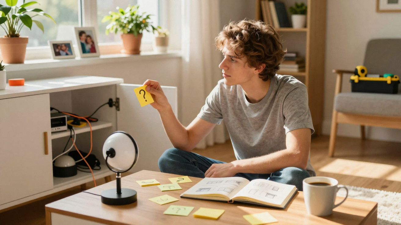 Jovem sentado no chão, a montar luminária com notas adesivas e livro de instruções à sua frente.