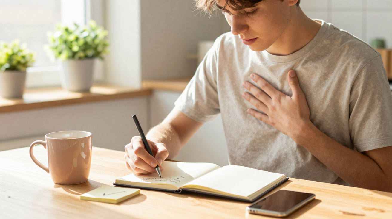Jovem sentado à mesa a escrever num caderno com caneca e telemóvel à frente, em ambiente iluminado.