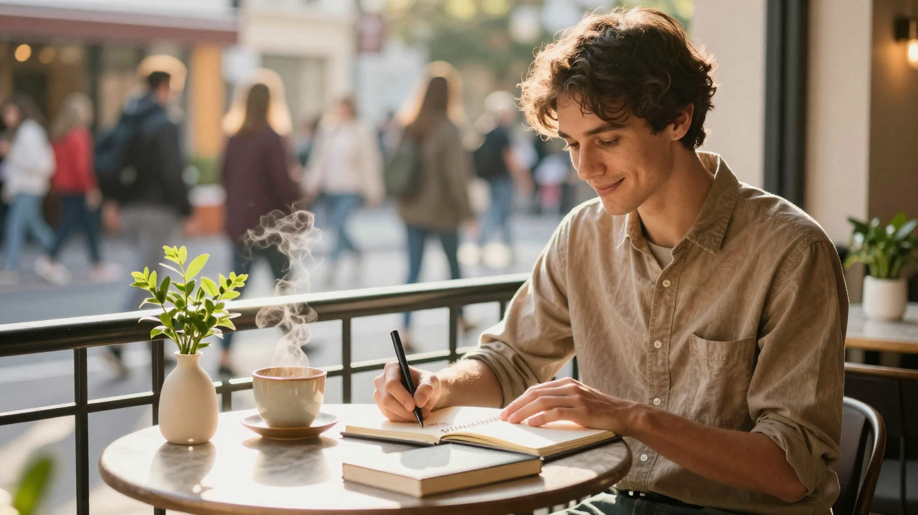 Jovem sentado numa esplanada a escrever num caderno com uma chávena de café fumegante e um vaso com planta, sorrindo.
