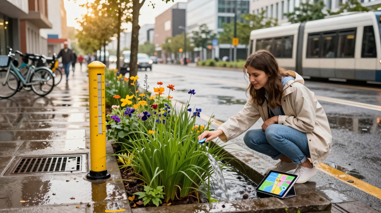 Mulher rega plantas na cidade junto a marcador de nível de água e transporte público atrás.