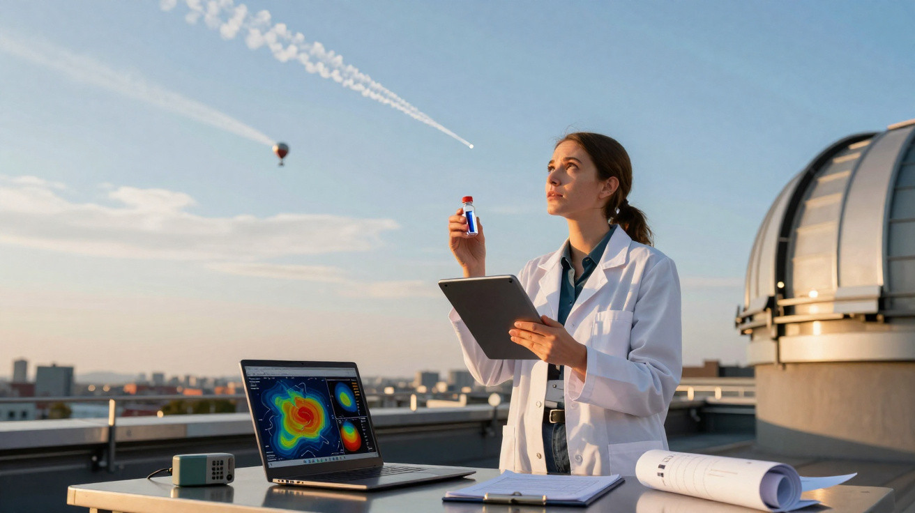 Mulher cientista no terraço observa frasco, com laptop aberto e balão de ar quente no céu ao fundo.