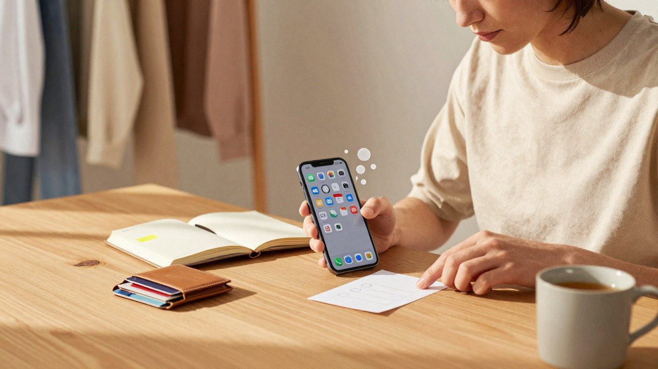 Pessoa a usar um smartphone, com carteira, caderno aberto, papel e chá numa mesa de madeira.