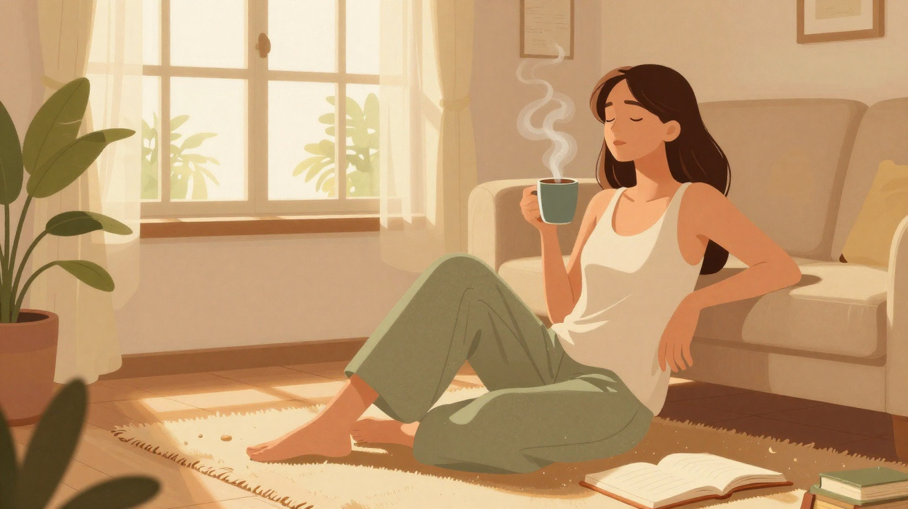 Mulher sentada no chão a beber chá, relaxada, num ambiente acolhedor com luz natural e livros à sua volta.