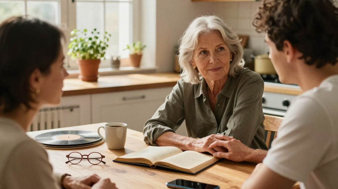 Senhora idosa sentada à mesa com livro aberto, segurando a mão de jovem, numa conversa aconchegante na cozinha.
