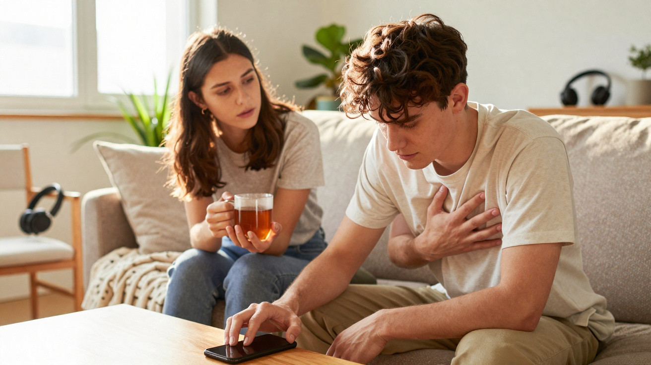 Homem com dor no peito toca no telemóvel enquanto mulher ao lado observa preocupada, ambos sentados no sofá.