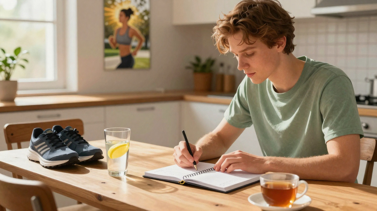 Jovem sentado numa cozinha a escrever num caderno, com ténis, copo de água com limão e chá na mesa.