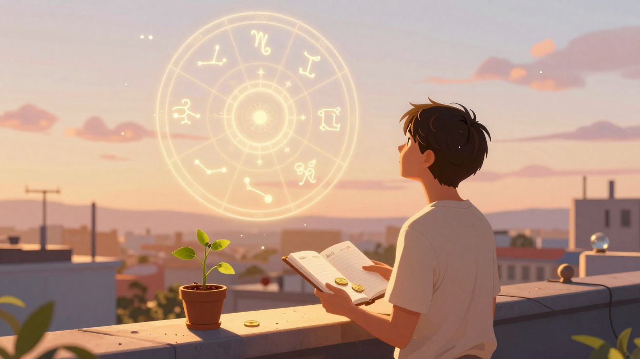 Jovem lê livro no terraço ao pôr do sol com símbolos do zodíaco a brilhar no ar.