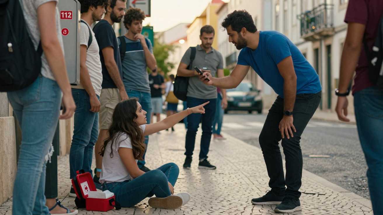 Homem curvado mostra telemóvel a mulher sentada no chão junto a kit de primeiros socorros, rodeados por outras pessoas na rua