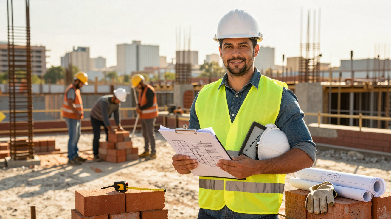 Homem com capacete e colete refletores segura plantas na obra, com trabalhadores e materiais ao fundo.