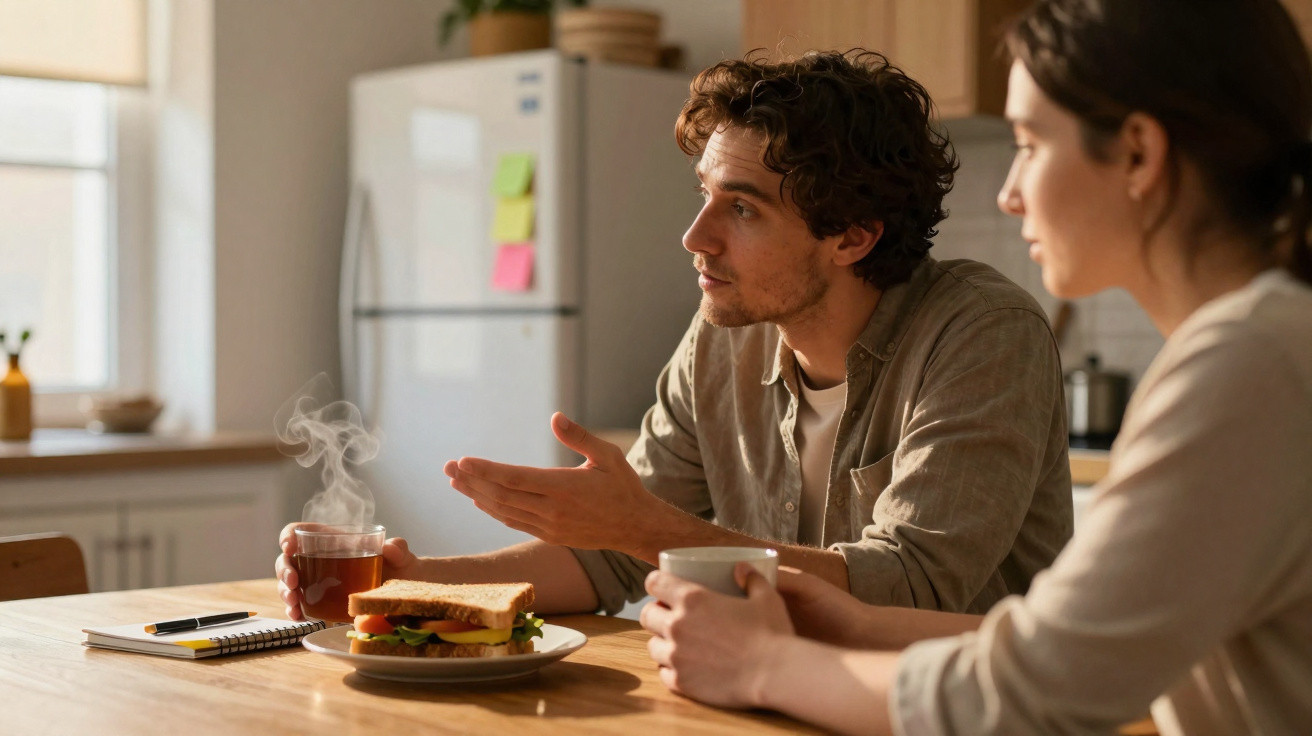 Dois adultos conversam à mesa da cozinha, com sanduíche e bebidas quentes à frente.