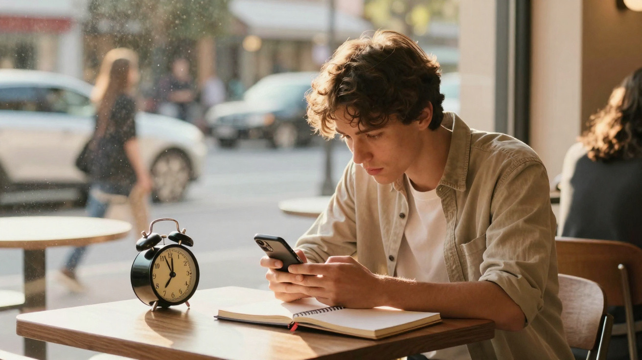 Jovem sentado numa mesa de café, a olhar para o telemóvel, com despertador e caderno à sua frente.