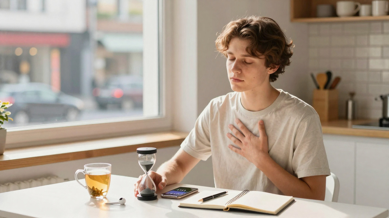 Jovem sentado numa mesa com chá, ampulheta, telemóvel e caderno, praticando respiração profunda.
