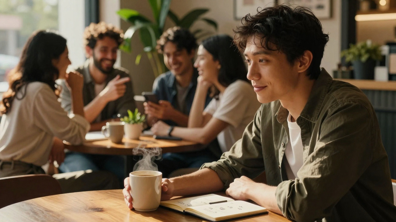Pessoa sentada sozinha numa mesa de café com chá fumegante, enquanto grupo socializa ao fundo.