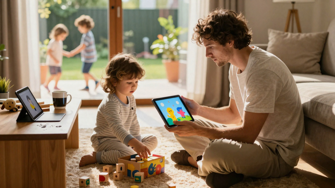 Pai e filho a brincar com blocos de madeira e tablet numa sala iluminada, com crianças a brincar ao fundo.
