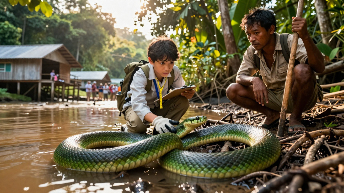 Criança e homem observam e estudam uma serpente grande junto a um rio numa floresta.