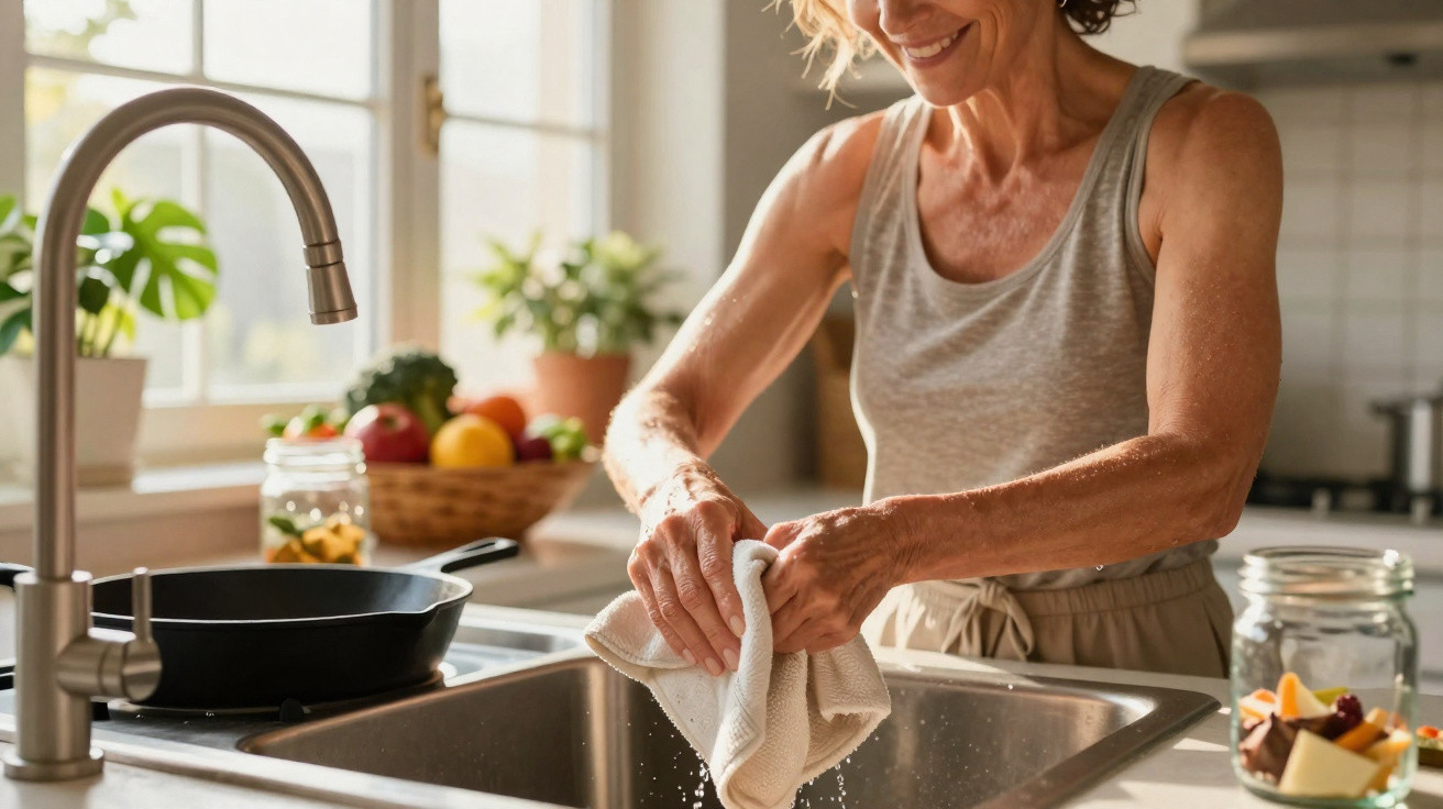 Mulher sorridente a secar as mãos com uma toalha junto à pia na cozinha iluminada natural.