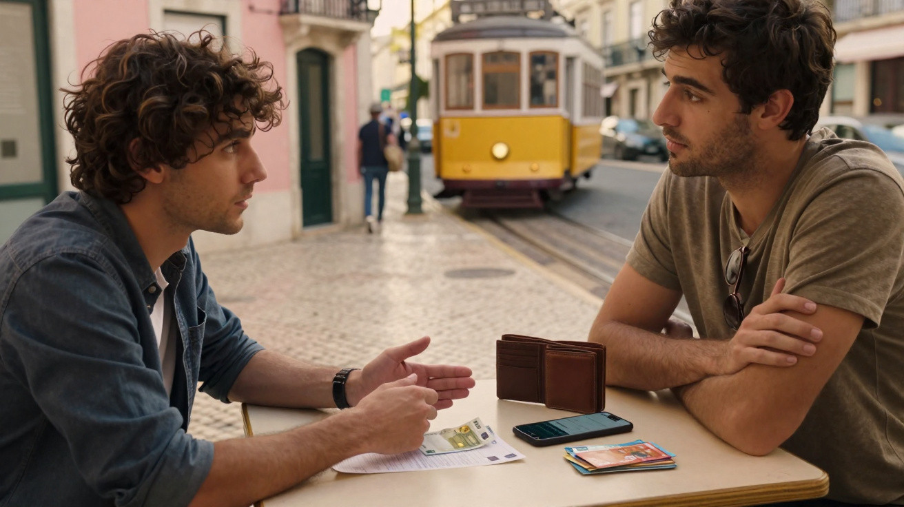 Dois homens conversam numa mesa ao ar livre com um elétrico amarelo ao fundo numa rua de Lisboa.