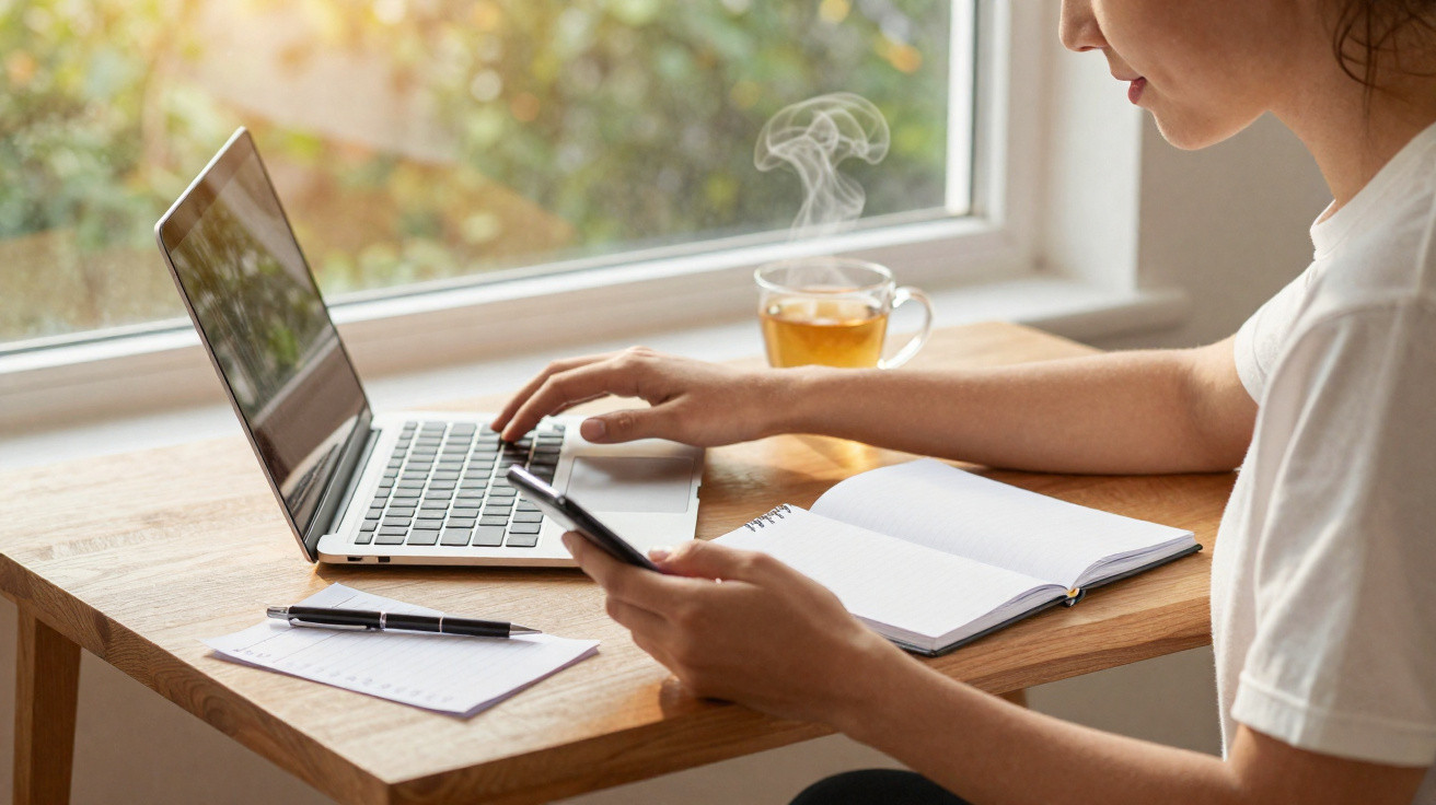 Pessoa a trabalhar num computador portátil com smartphone, caderno e chá numa mesa perto da janela.
