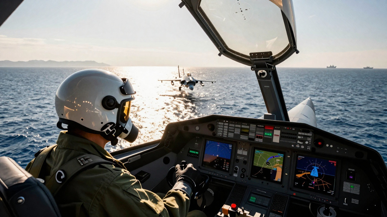 Piloto militar dentro de cockpit de caça, com outro avião à frente sobre o mar ao pôr do sol.