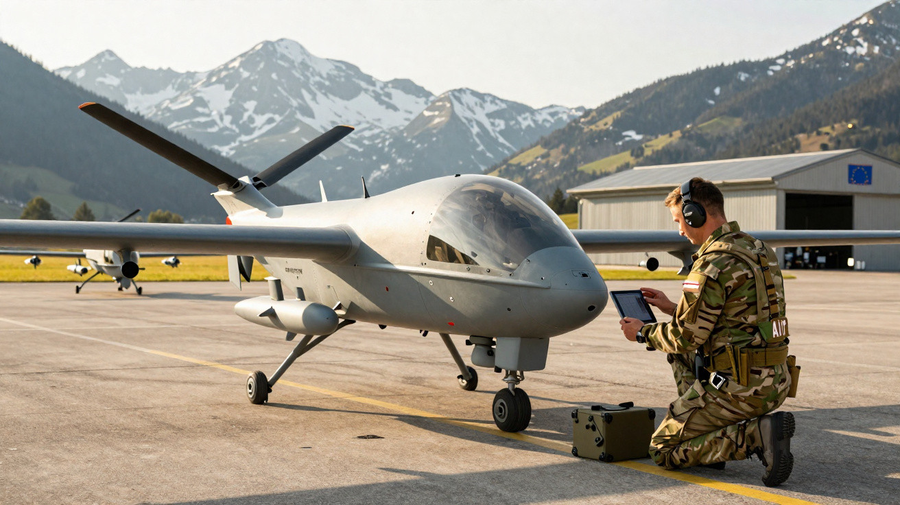 Soldado em uniforme militar controla drone de grande porte num aeródromo com montanhas ao fundo.