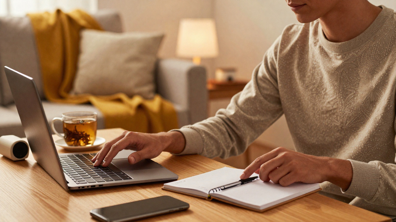 Pessoa a trabalhar num computador portátil e a escrever num caderno, com chá e telemóvel numa mesa de madeira.