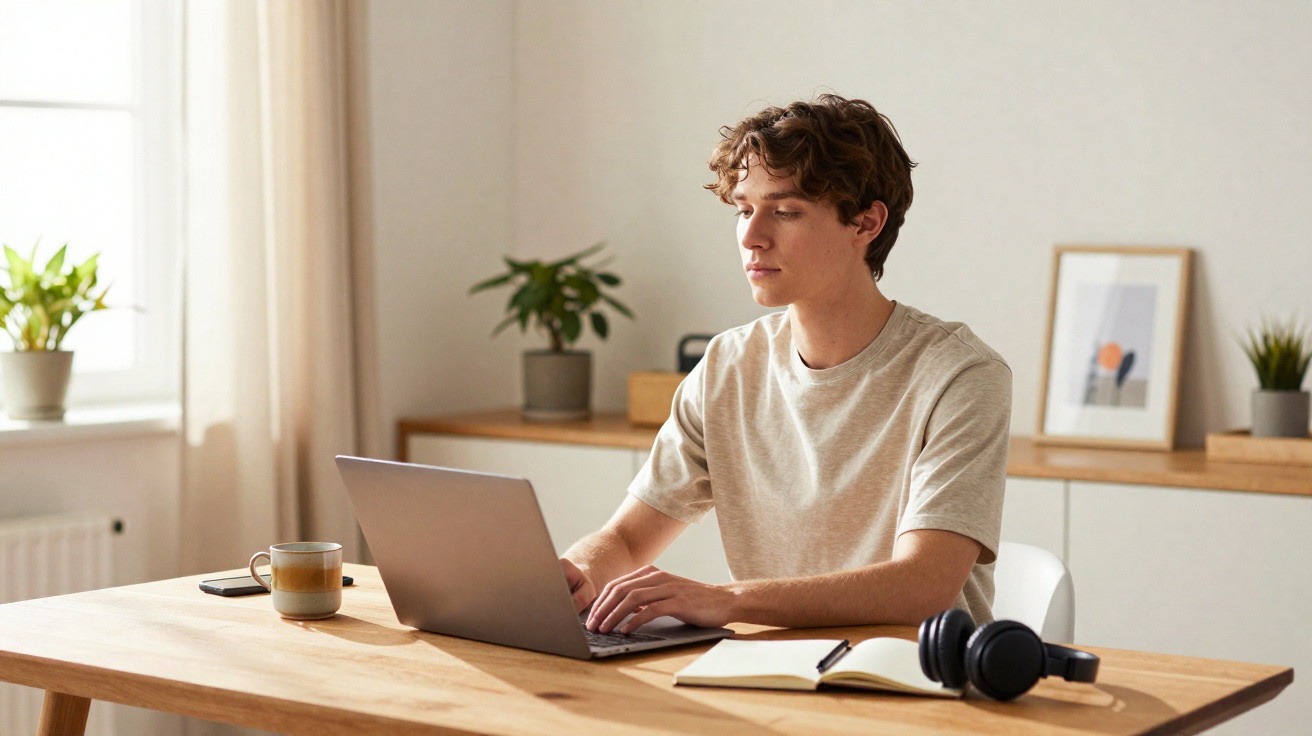 Jovem a trabalhar num portátil numa mesa com caderno, auscultadores e chá, em ambiente luminoso e minimalista.