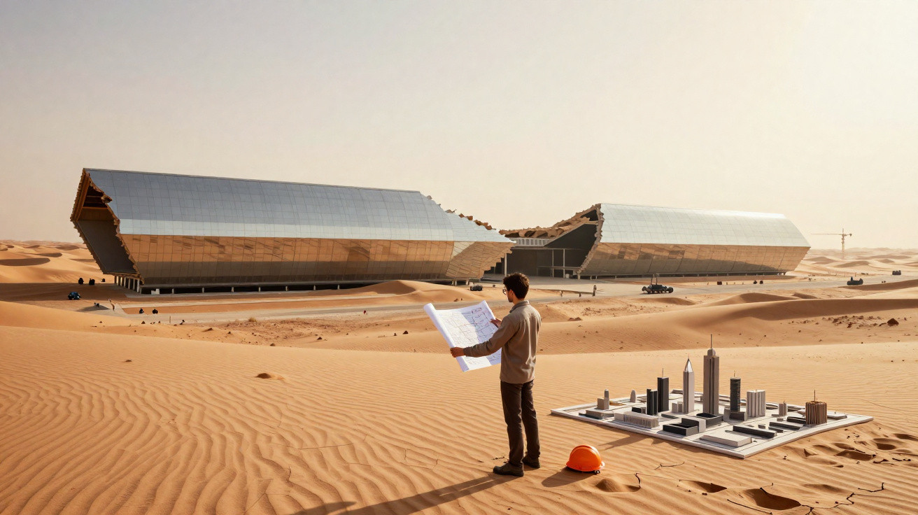 Homem com capacete a analisar planta arquitetónica no deserto, com edifício futurista e maquete de cidade.