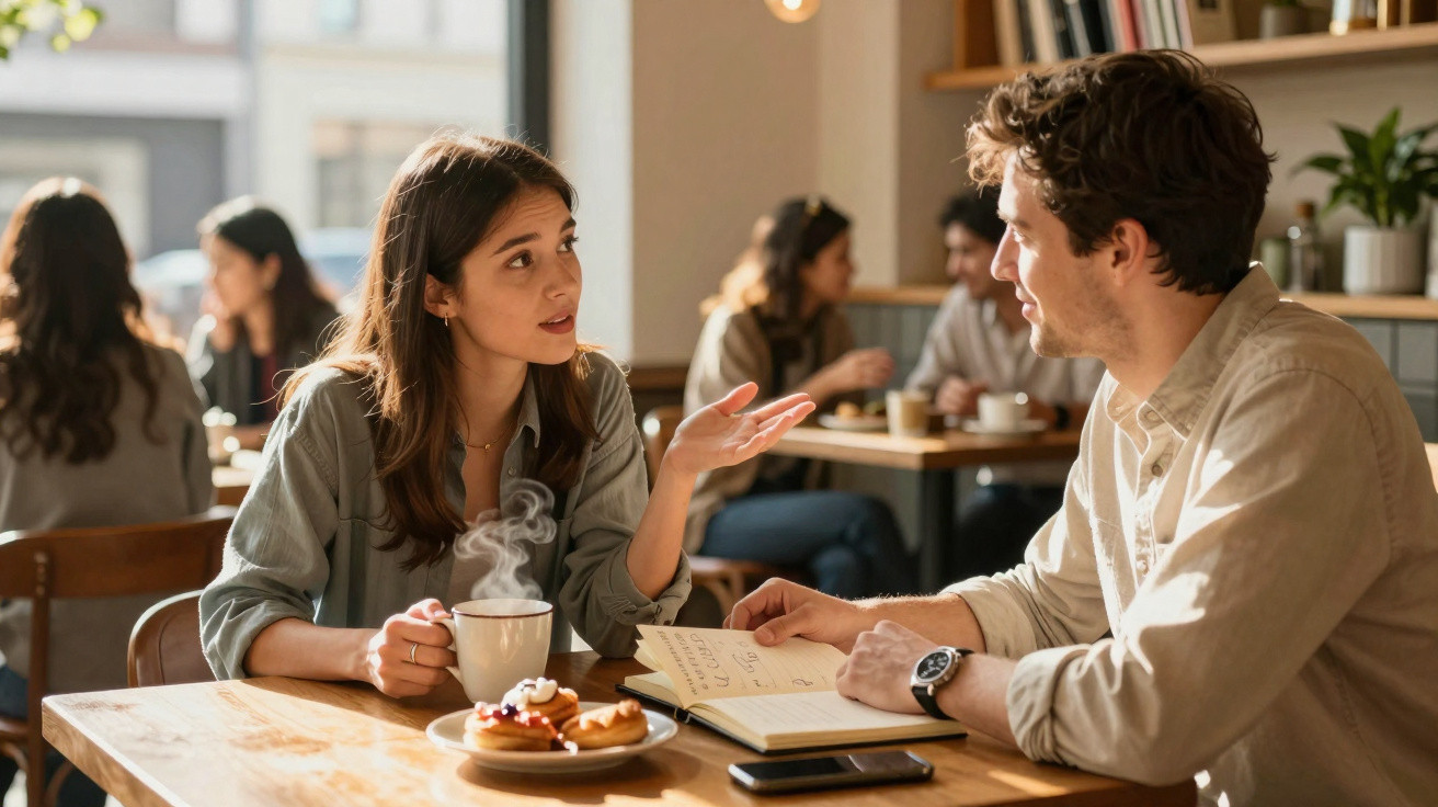 Duas pessoas conversam numa cafetaria, com chá quente e doces numa mesa de madeira.