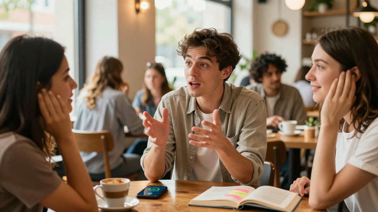 Jovem a explicar algo com entusiasmo a duas amigas sentadas numa mesa de café com livros e café.