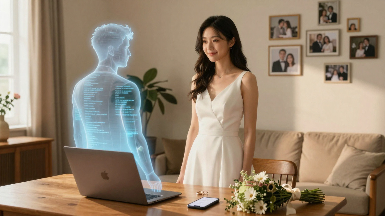 Mulher sorridente olha para holograma masculino azul em sala de estar com flores e laptop sobre mesa de madeira.