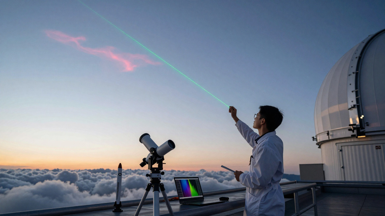 Cientista com bata branca aponta laser verde para céu ao pôr do sol em observatório com telescópio e laptop.