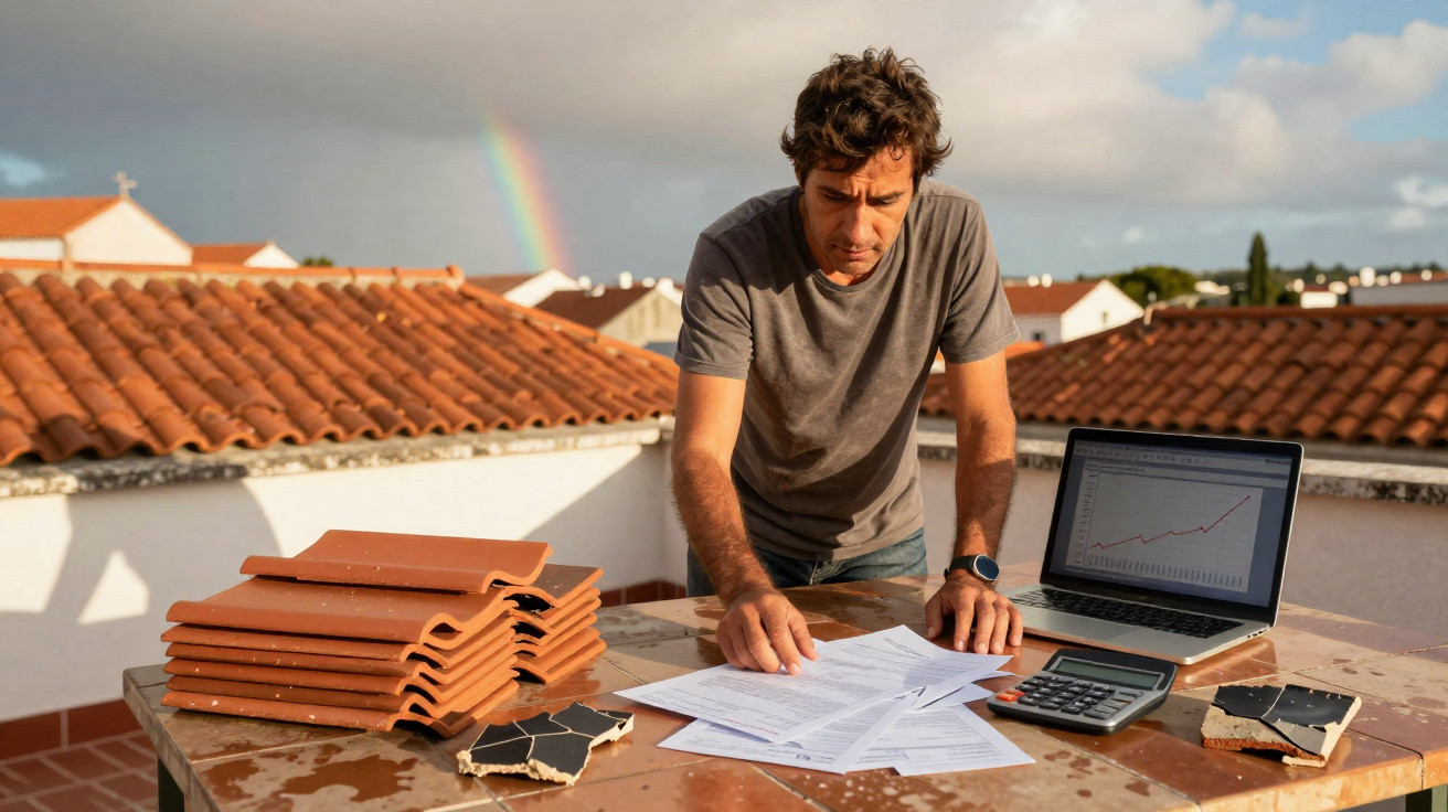 Homem analisa documentos numa varanda, com computador, calculadora, azulejos e telhas ao redor e arco-íris ao fundo.
