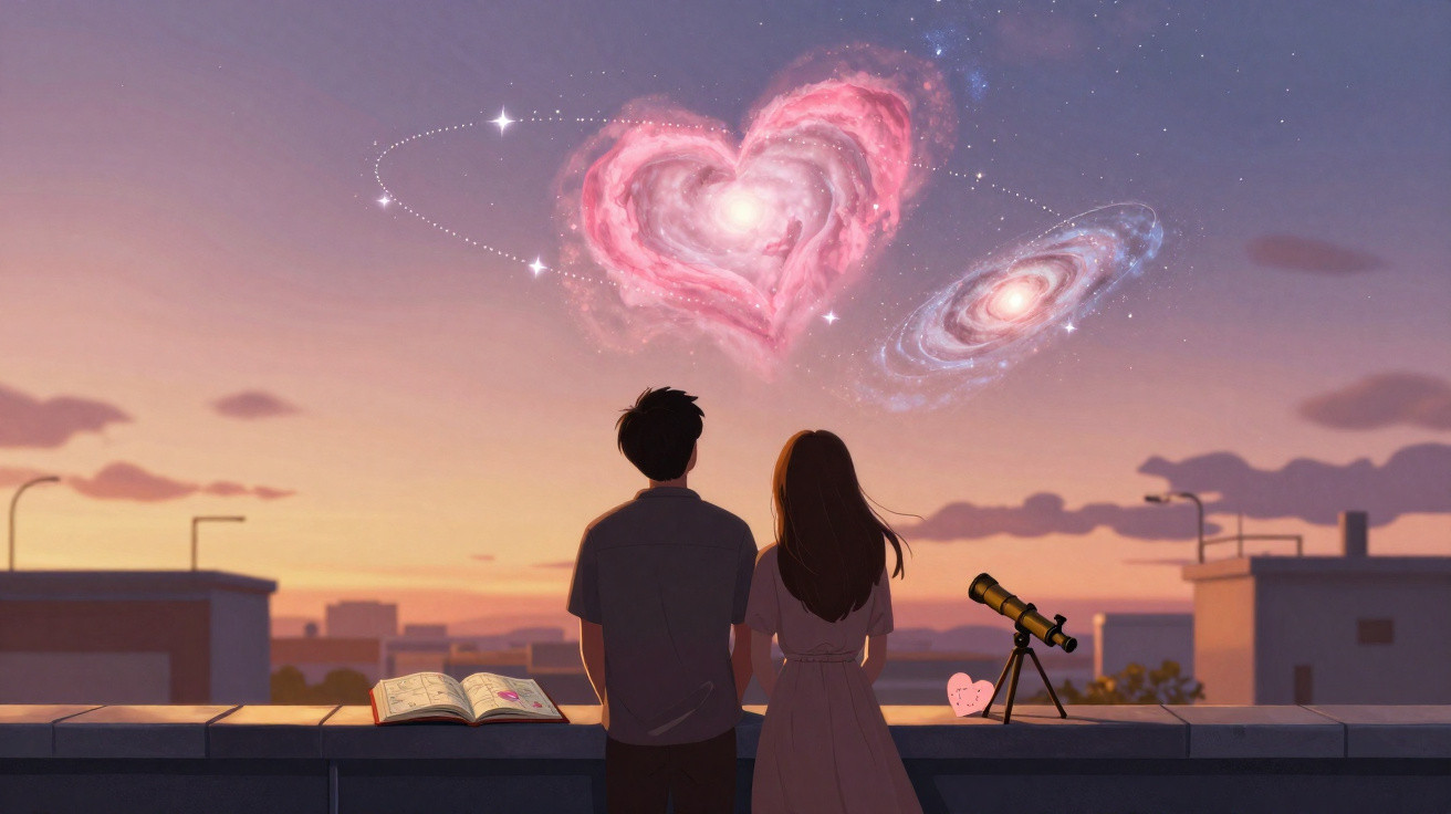 Casal observa galáxias em forma de coração no céu ao pôr do sol, com livro e telescópio numa varanda.