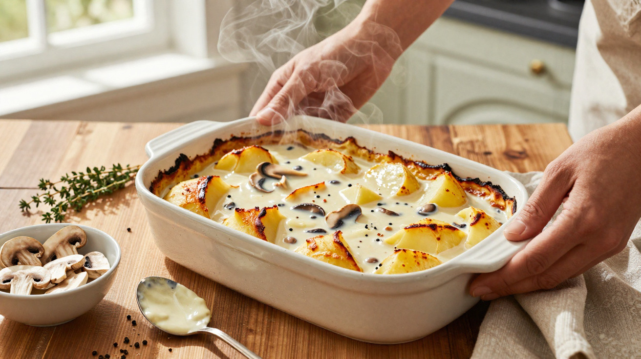 Travessa de batatas gratinadas com molho cremoso, cogumelos e pimenta, acabada de sair do forno.