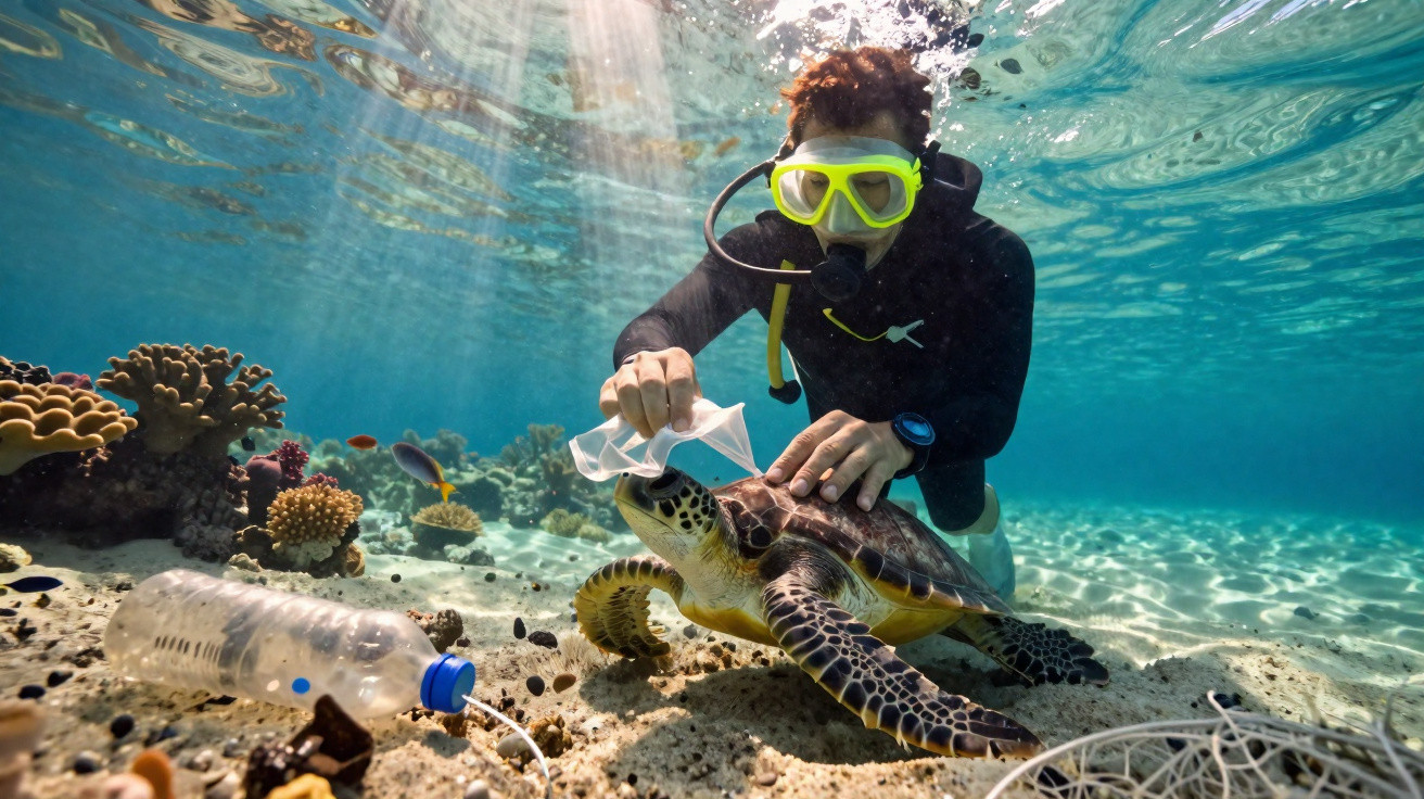Mergulhador a dar água a uma tartaruga marinha rodeada de lixo plástico no fundo do mar.